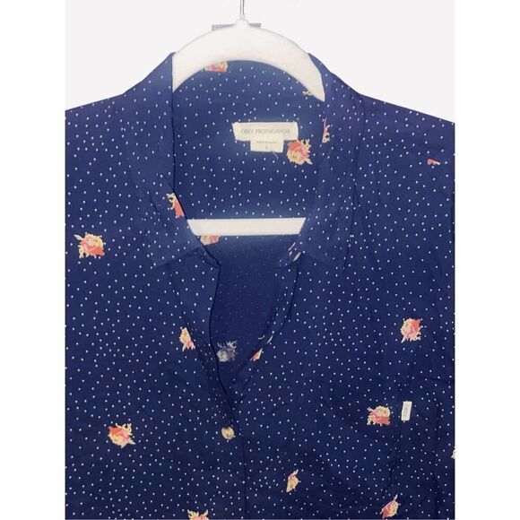Obey Propaganda Navy Floral Polka Dot Button Down Shirt Size Large Long Sleeve - Picture 2 of 6